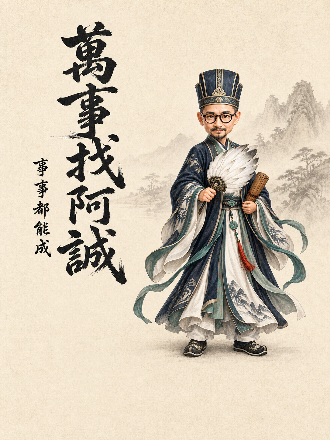 阿誠古風策士版，身後書有萬事找阿誠